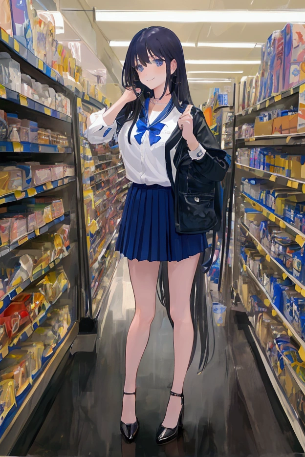 masterpiece  ,   Best quality,  HD,  in Supermarket,  on shelves with alcohol,  girl,  sensual,  sexy , bluesilver hair,  very very very long hair,  school clothes,  black,  short pleated skirt, schwarz,  transparent over the knee ,schwarz , necklace, Cross,  blue-gray eyes ,  standing slightly on tiptoes, taking something from the top shelves, smiles, high heels sexy shoes, backpack on back, 