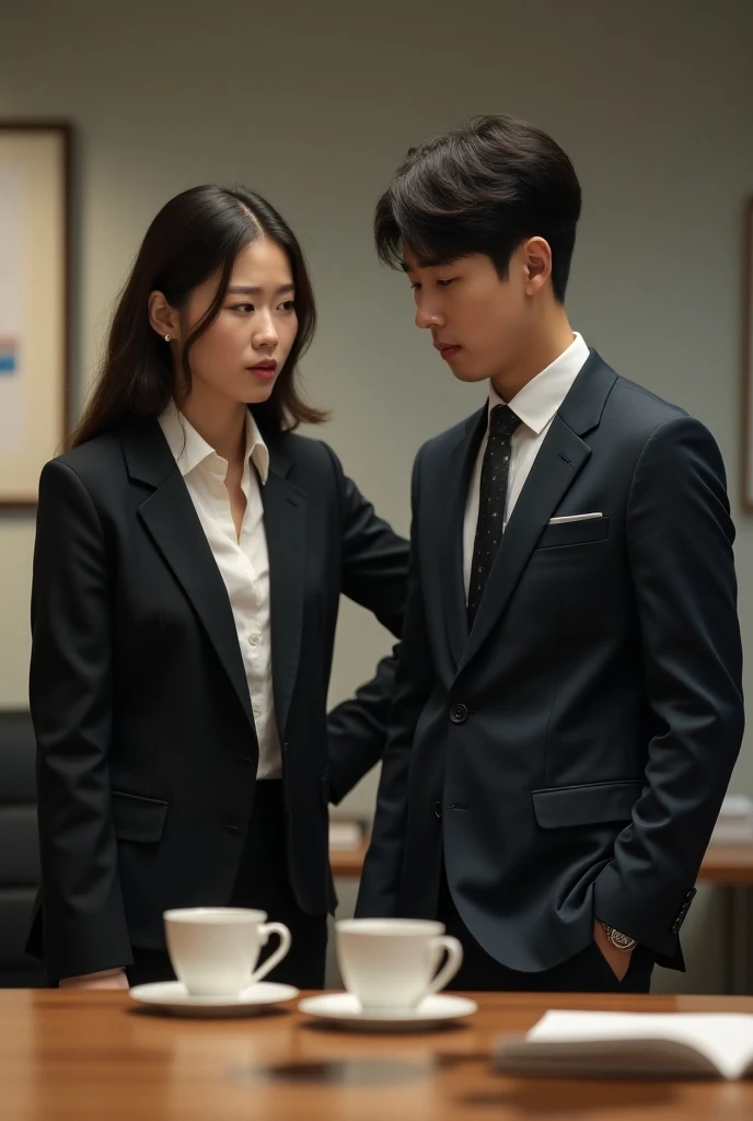 there are two young Asian student walking down a long hallway together, in school hallway, the woman goes left, both wearing school uniform with long trouser, man and woman walking together, walking together, in the background, high school