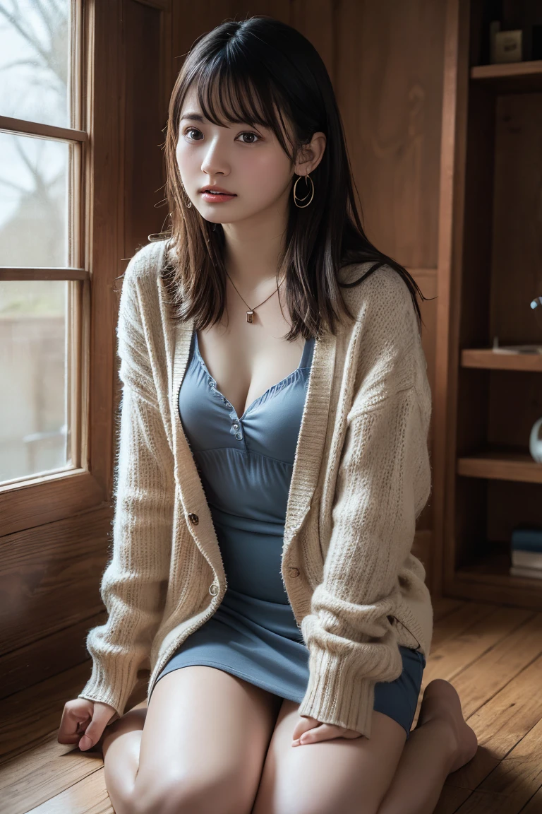 8K quality、High definition、Particles of light(0.5)、High definitionの瞳、Sexy maid、slender、Ripe body、Soft Breastaid uniform that shows the chest、Red lipstick、、The hem of the skirt is twisted、Realistic female genitalia、Up ponytail