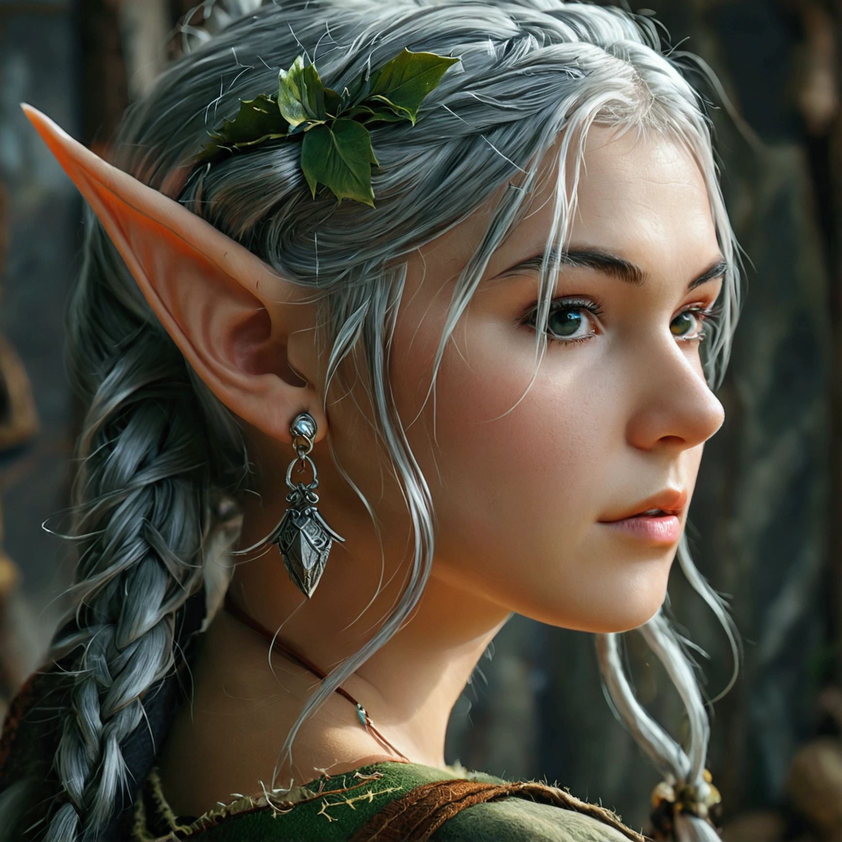 frieren, pointy ears, elf, earrings, twintails, parted bangs, grey hair, thick eyebrows, with a villager background, realistic version, ultra realistic, ultra detailed, detailed character