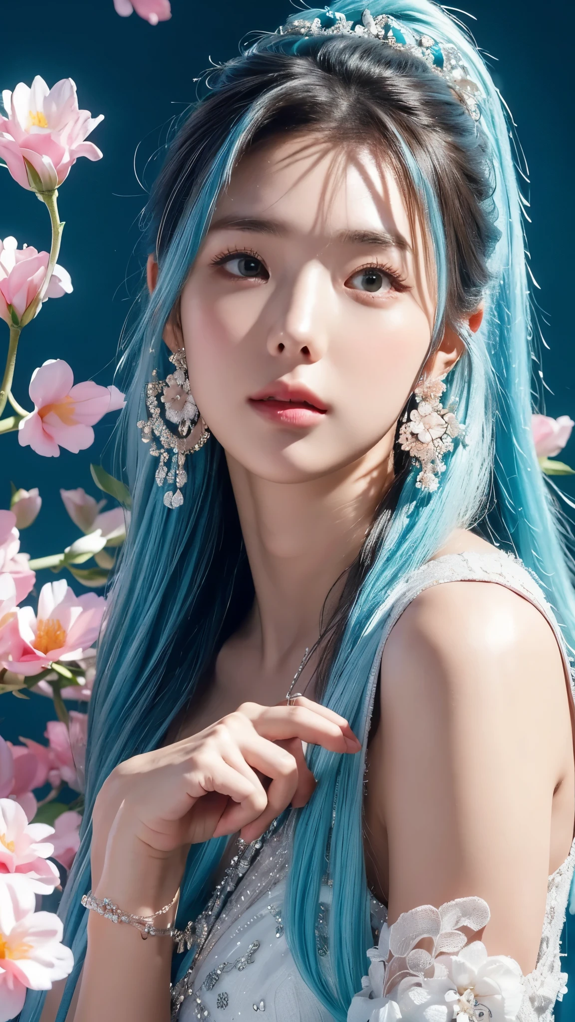 (masterpiece), (best quality), (ultra detailed),(disheed hair),(illustration), (1girl), (Fashionable clothing), standing, Fashion model, looking at viewer, (interview), (simple background), Beautiful detailed eyes, delicate beauty, floating, (high saturation), (colorful splash), colorful bubbles, (shine), focus on the face, ponytail, Ayaka Kamisato, light blue hair, bangs, scrunchies, floating flowers, flowing hair, (shiny), best lighting, best shadows, perfect hands