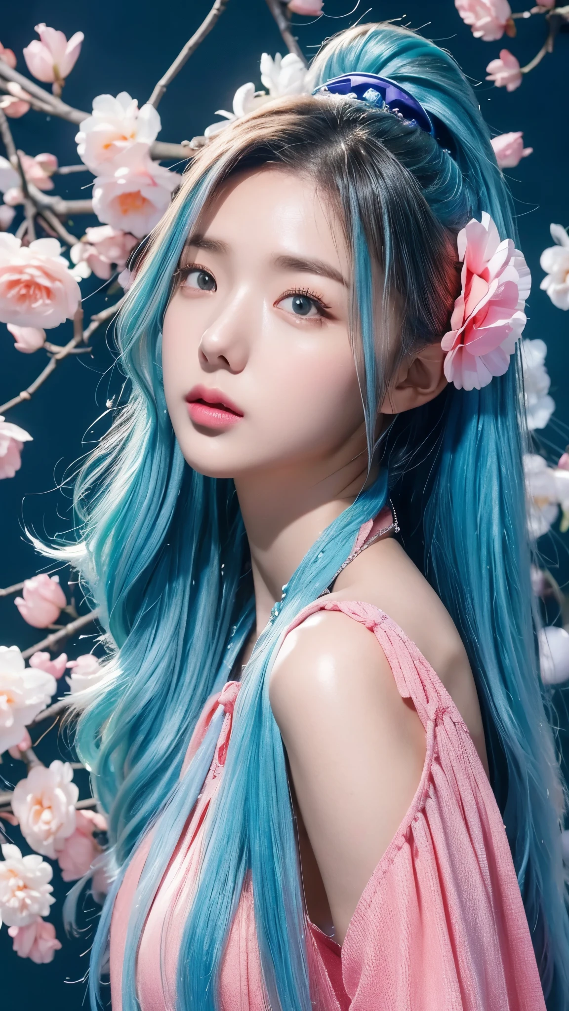 (masterpiece), (best quality), (ultra detailed),(disheed hair),(illustration), (1girl), (Fashionable clothing), standing, Fashion model, looking at viewer, (interview), (simple background), Beautiful detailed eyes, delicate beauty, floating, (high saturation), (colorful splash), colorful bubbles, (shine), focus on the face, ponytail, Ayaka Kamisato, light blue hair, bangs, scrunchies, floating flowers, flowing hair, (shiny), best lighting, best shadows, perfect hands