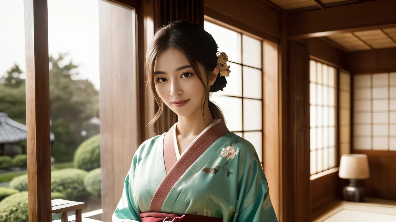 sexy Korean woman big boobs in traditional cloth green top blue bottom hanbok in realistic style
