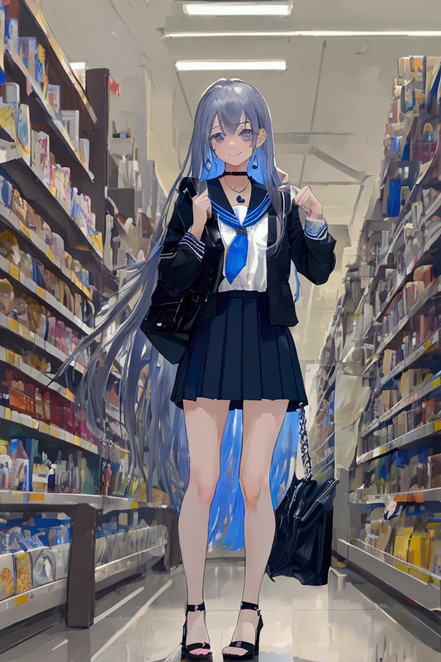 masterpiece  ,   Best quality,  HD,  in Supermarket,  on shelves with alcohol,  girl,  sensual,  sexy , bluesilver hair,  very very very long hair,  school clothes,  black,  short pleated skirt, schwarz,  transparent over the knee ,schwarz , necklace, Cross,  blue-gray eyes ,  standing slightly on tiptoes, taking something from the top shelves, smiles, high heels sexy shoes, backpack on back, overkniee schwarz druchschit, 