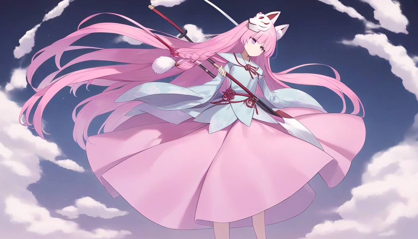 　    I have Naginata's very long pink hair and a large, round, bulging pink skirt  、　 Pink Eyes 　Turquoise clothing 、   　girl、 Light blue naginata seen from the top right    、expressionless、     I have a naginata with a fox mask on the right side of my head  　  nothing grows on my head   　 View  