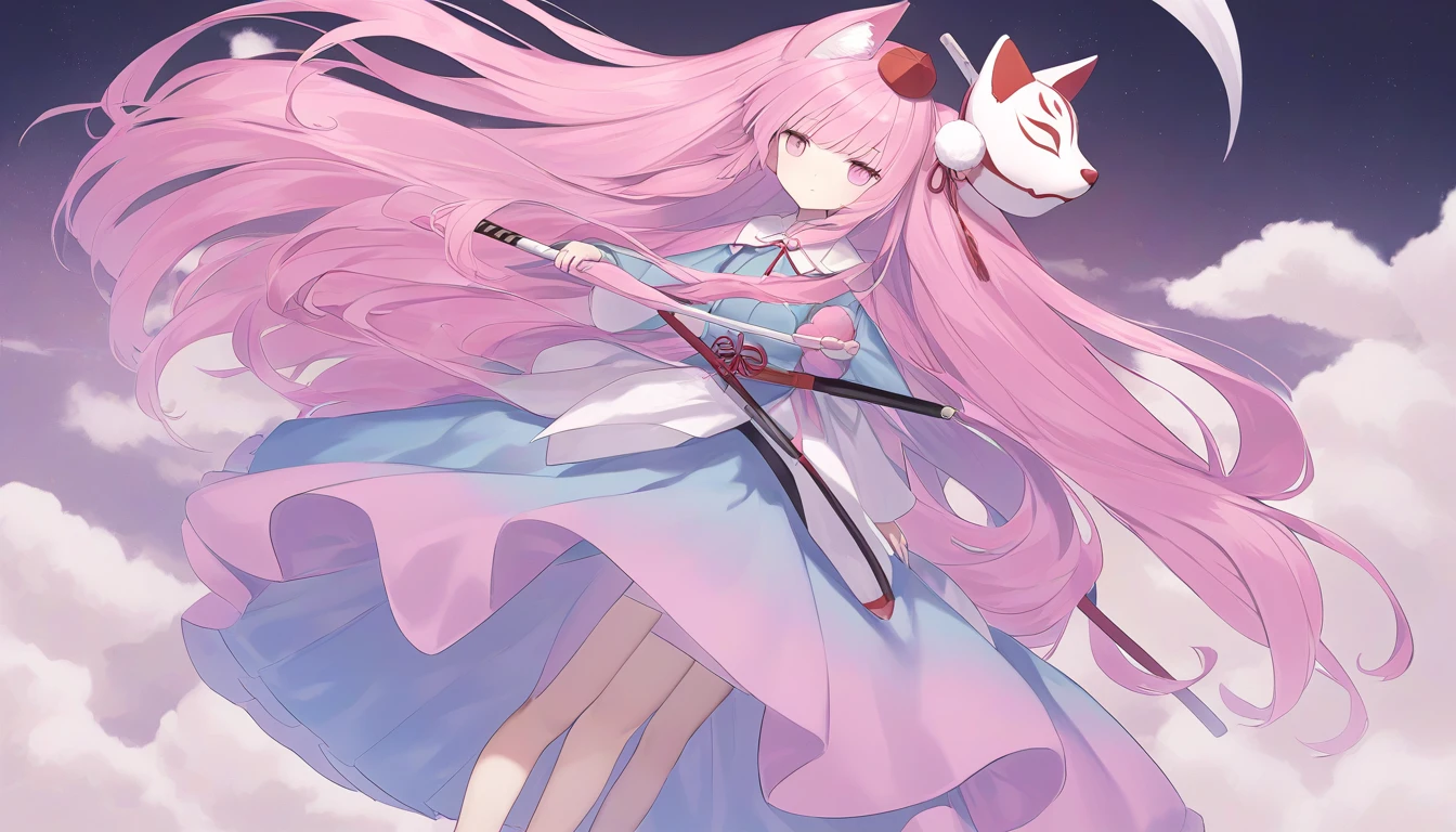 　    I have Naginata's very long pink hair and a large, round, bulging pink skirt  、　 Pink Eyes 　Turquoise clothing 、   　girl、 Light blue naginata seen from the top right    、expressionless、     I have a naginata with a fox mask on the right side of my head  　  nothing grows on my head   　 View  