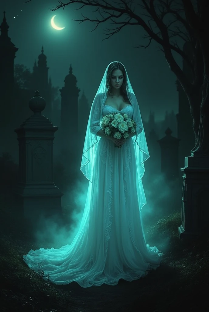 Cinematic style, Ethereal Beauty, Dynamic chiaroscuro, High resolution, A bride (Olivia Munn), haunting a cemetery at midnight on Halloween, surrounded by an ethereal glow. Highly detailed character design, with dark elegance. Rendered in cinematic TIFF format, capturing every shadow and glow with precision., trending on artstation, sharp focus, studio photo, intricate details, highly detailed, by greg rutkowski