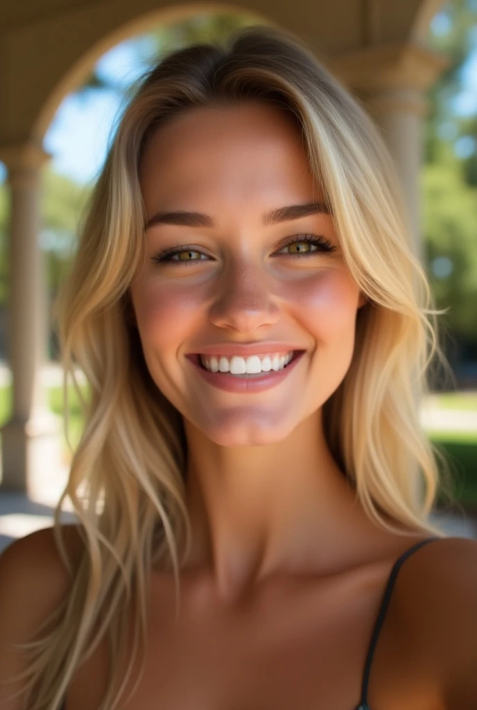 Model, Sunlight, Sun-kissed Skin, Windswept Hair, Smiling, naked, blonde hair, brown eye, depth of field, sparkle, god rays, ray tracing, 85mm, Nikon, UHD, retina, masterpiece, ccurate, anatomically correct, super detail, high details, high quality, best quality, highres