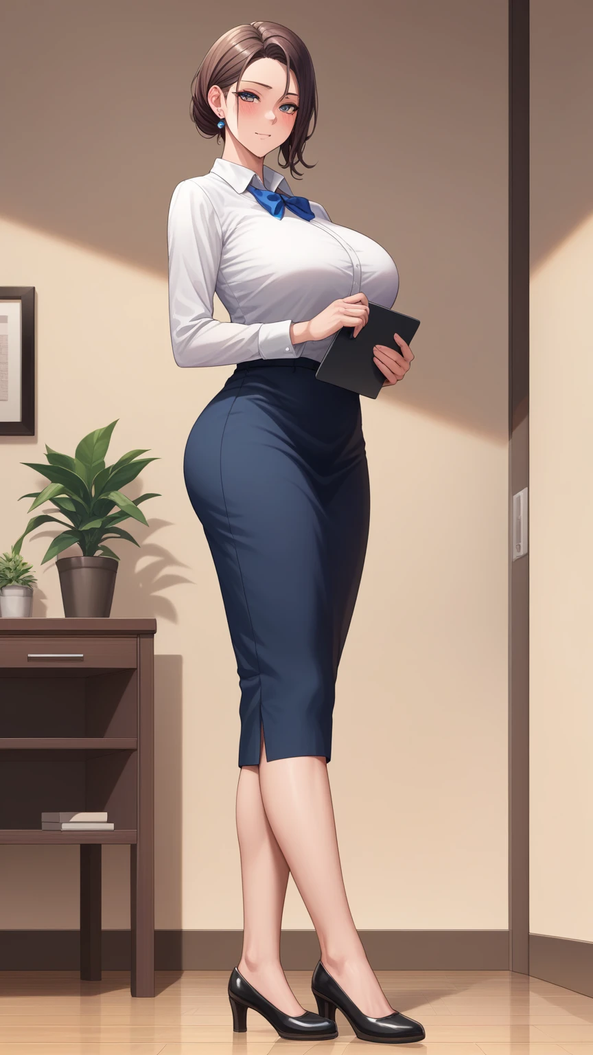 full body photo of a beautiful sexy secretary, naked, standing exactly, ((solo)), adult, in the office, high heels, craves sex, sweaty