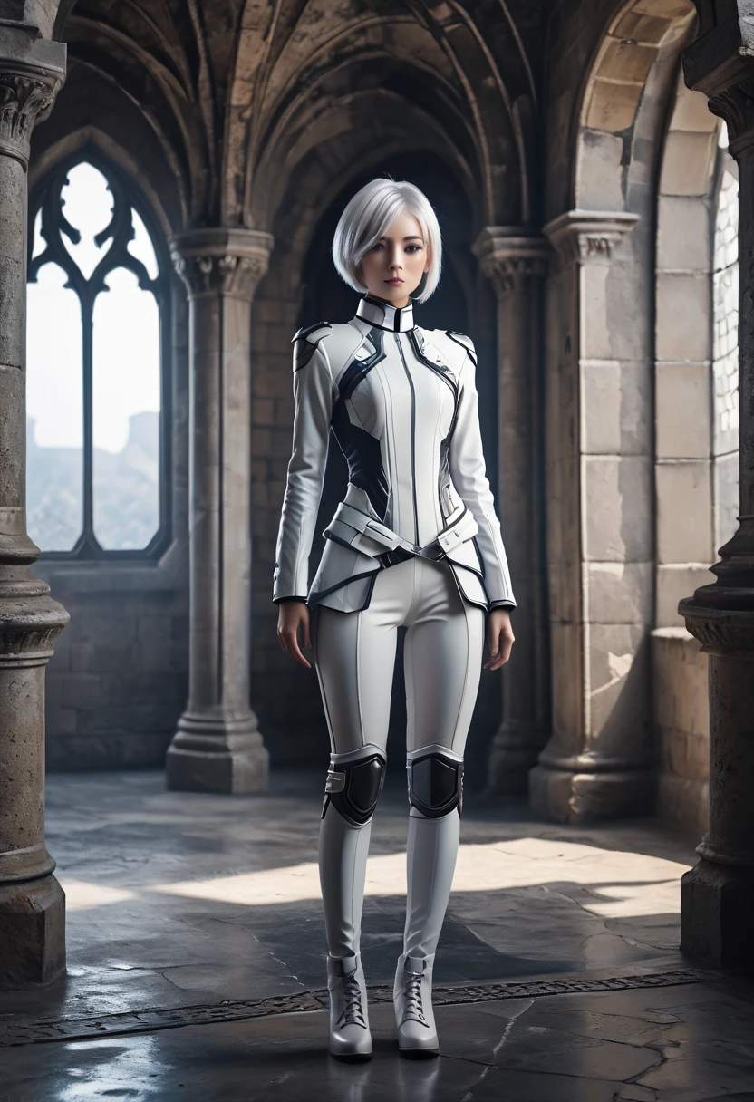 Futuristic character, Full body, slim body, short hair, white hair, standing in the castle. 