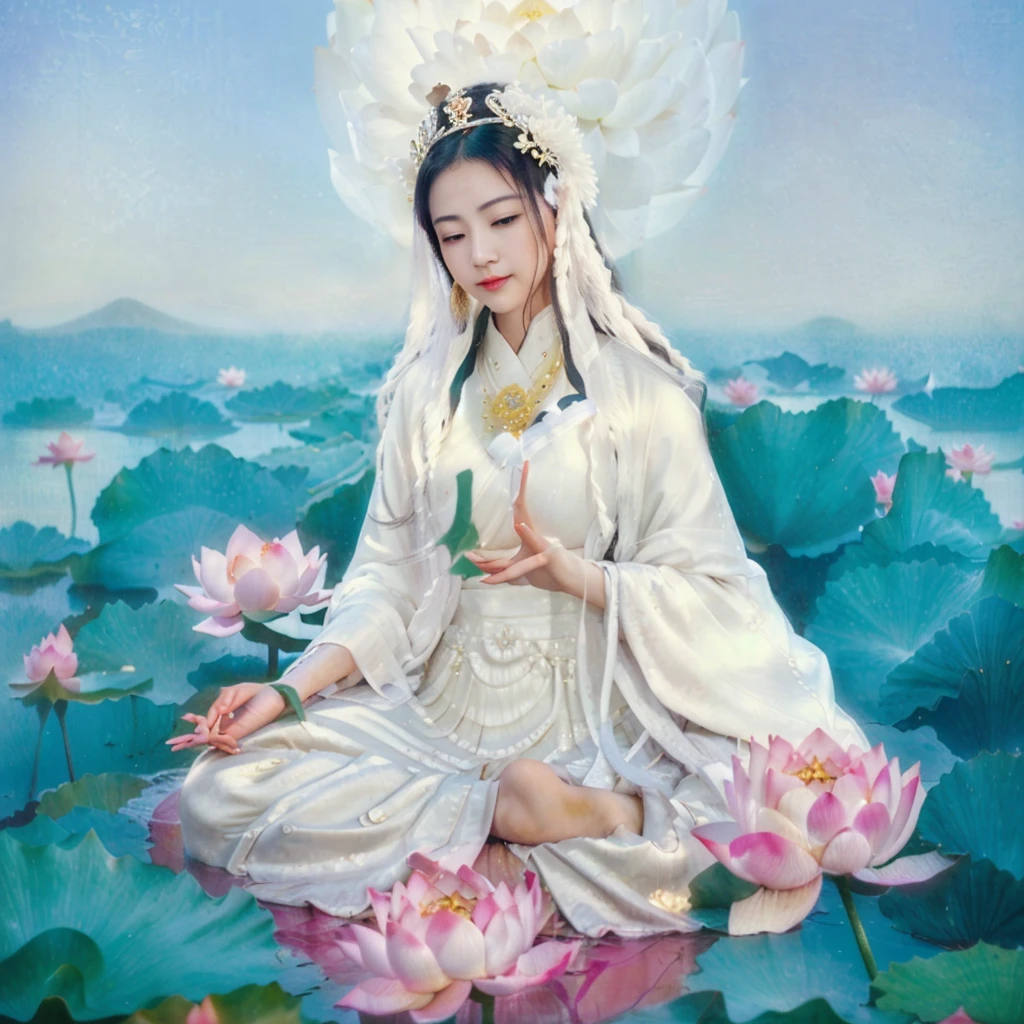  woman sitting in lotus position in a lotus garden, guanyin, guanyin of the southern seas, contented female bodhisattva, lotus, sitting on a lotus flower, bodhisattva, goddess of wisdom, , goddess of love and peace, queen of the sea mu yanling