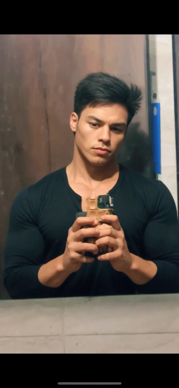 malay guy, bare torso, muscular slender body, grey brief, sitting inside college dorm, both hands show middle finger, sweaty, manspreading, handwritten text "twink destroyer" with an arrow pointing straight to his brief with massive cock inside, glasses black frame