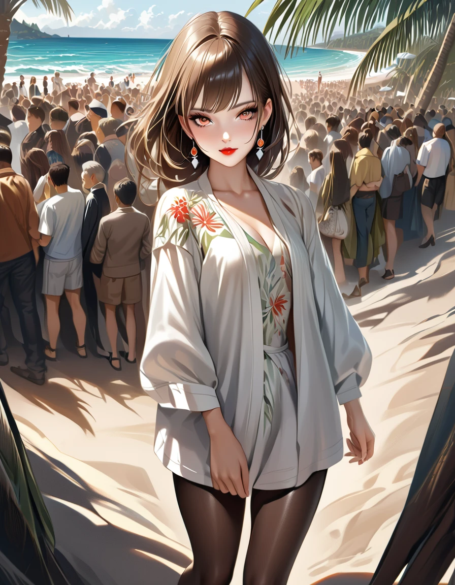 solo, full body,earrings, eyelashes, pantyhose,, (beach,(palm tree),crowd,(white shirt), floral print,red lips),sexy evocative smile,, (shiny skin:1.05),(blush:0.9),(skindentation:1.15),realistic, masterpiece, highest quality, highres,absurdres, (perfect face:1.1), (sharp focus:1.1),,  trending on ArtStation, trending on CGSociety, Intricate, High Detail, Sharp focus, dramatic,