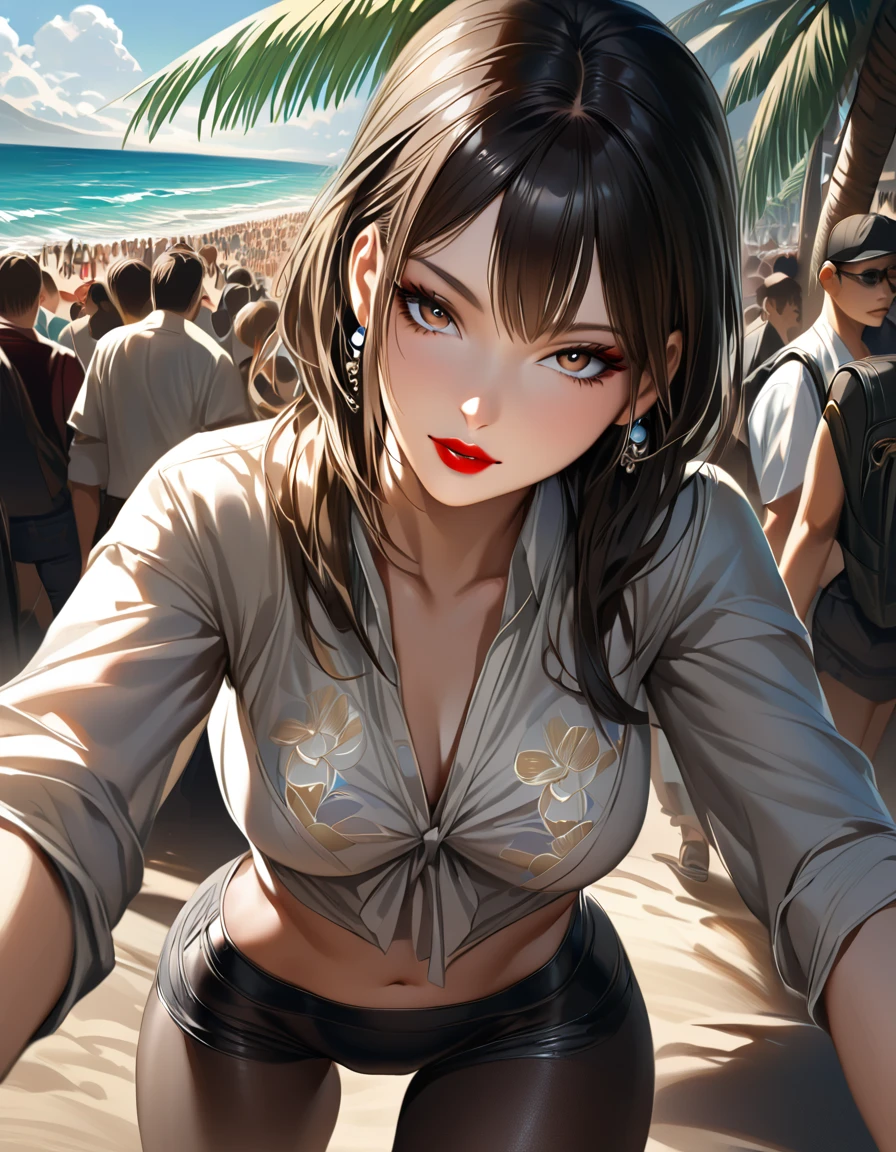 solo, full body,earrings, eyelashes, pantyhose,, (beach,(palm tree),crowd,(white shirt), floral print,red lips),sexy evocative smile,, (shiny skin:1.05),(blush:0.9),(skindentation:1.15),realistic, masterpiece, highest quality, highres,absurdres, (perfect face:1.1), (sharp focus:1.1),,  trending on ArtStation, trending on CGSociety, Intricate, High Detail, Sharp focus, dramatic,