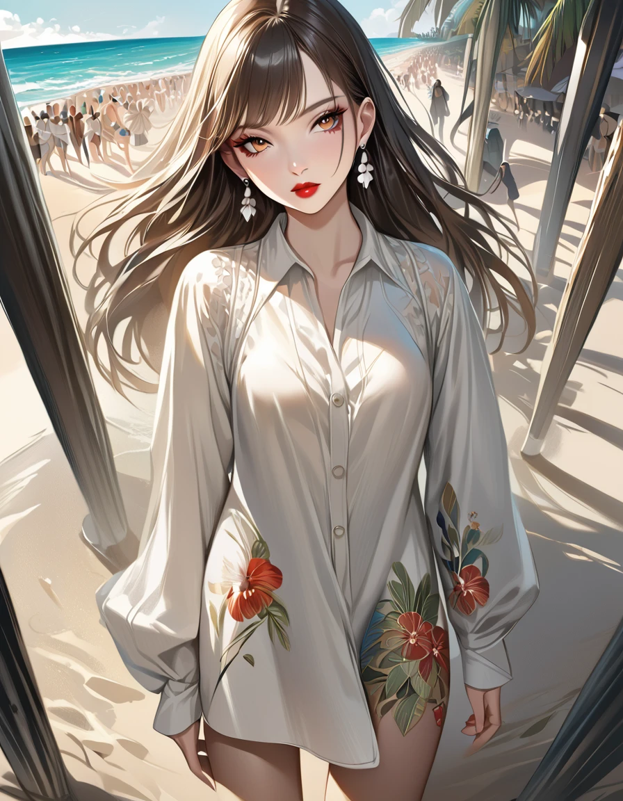 solo, full body,earrings, eyelashes, pantyhose,, (beach,(palm tree),crowd,(white shirt), floral print,red lips),sexy evocative smile,, (shiny skin:1.05),(blush:0.9),(skindentation:1.15),realistic, masterpiece, highest quality, highres,absurdres, (perfect face:1.1), (sharp focus:1.1),,  trending on ArtStation, trending on CGSociety, Intricate, High Detail, Sharp focus, dramatic,