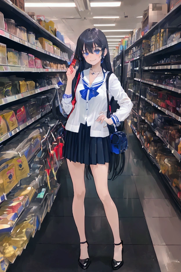 masterpiece  ,   Best quality,  HD,  in Supermarket,  on shelves with alcohol,  girl,  sensual,  sexy , bluesilver hair,  very very very long hair,  school clothes,  black,  short pleated skirt, schwarz,  transparent over the knee ,schwarz , necklace, Cross,  blue-gray eyes ,  standing slightly on tiptoes, taking something from the top shelves, smiles, high heels sexy shoes, backpack on back, overkniee schwarz druchschit, 