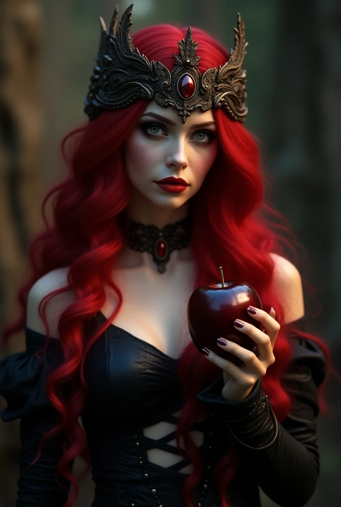 fille rousse ,long red hair，Black Queen，accesories，Apple in hand，poisoned apples，Witch Queen，lipstick