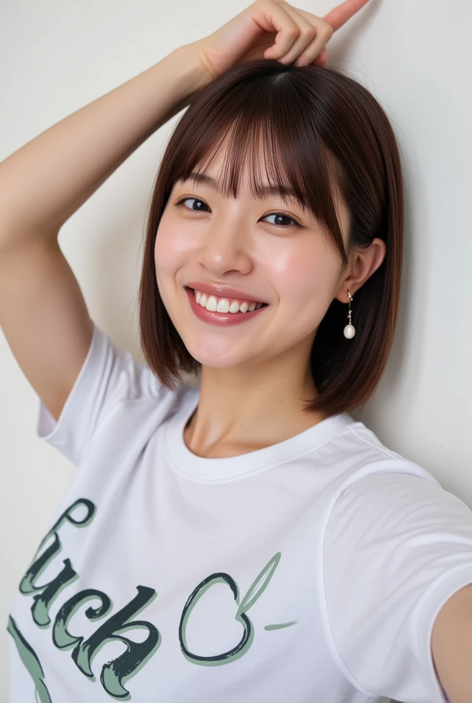  high-resolution photo of a Japanese woman , Best Quality, 32K, masterpiece, Realistic, photo Realistic,  intricate details ,  very detailed,   insanely detailed ,   incredibly detailed  , Sharp focus,  professional lighting, Detailed face,  Beautiful Detailed Eyes, beautiful eyes, A sophisticated nose,  white skin, Fine skin, Big smile, Loss of teeth, ( t-shirt written  "Fuck!"), ( with the back of a Japanese woman's hand and middle finger above :1.5),  Perfect Anatomy, 