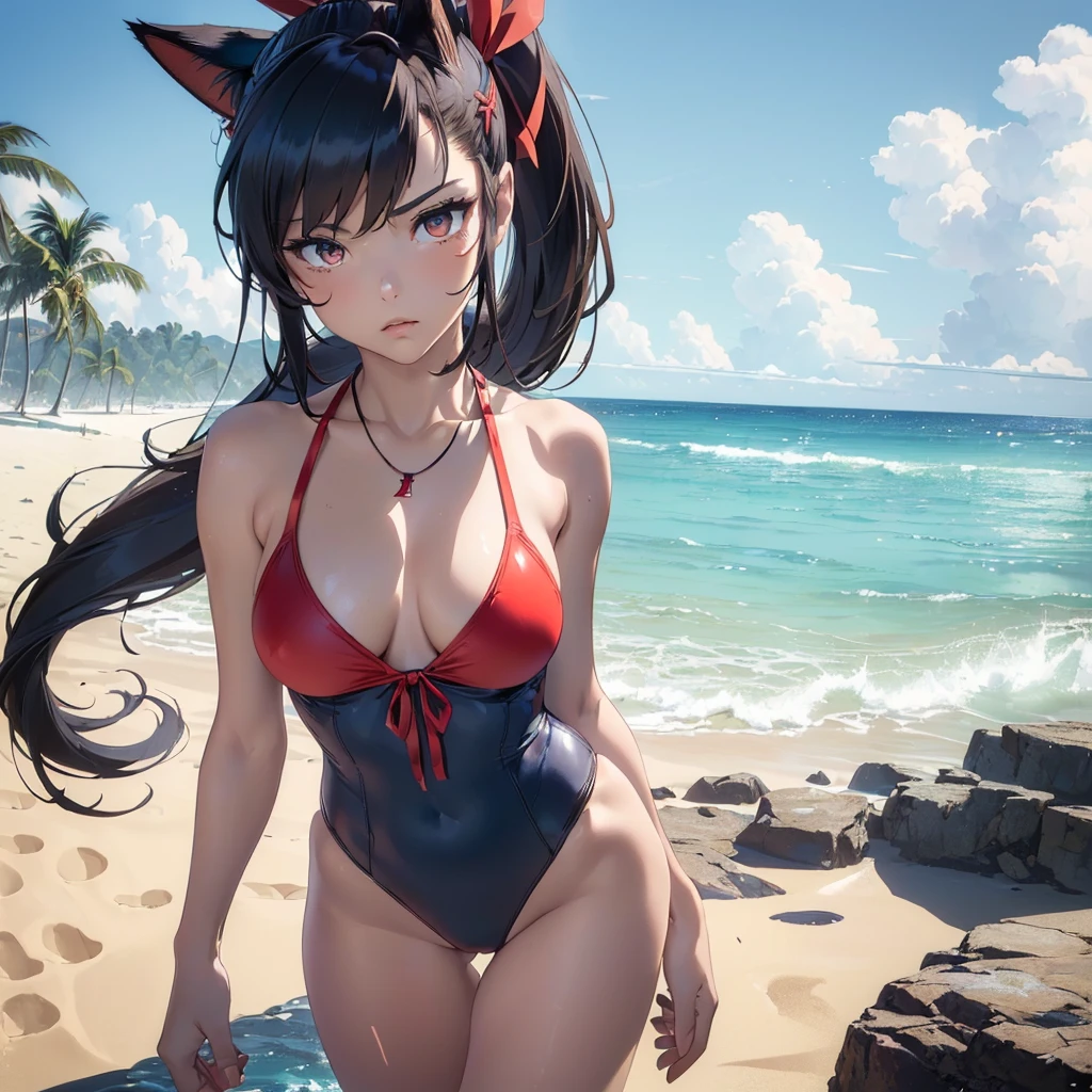 (((masterpiece), best quality, expressive eyes, perfect face, , ,  1girl,  , beach , solo, fit body , seductive pose  , , cat ears ,  , red and blue swimsuit , full swimsuit, hair ribbon, ponytail, , ha yuri zahard