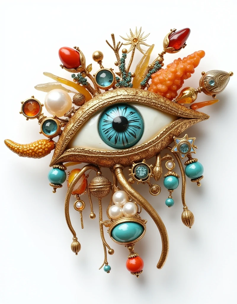 Product Design：Exquisite exaggerated brooches，Baroque pearls and an eye element and gemstone，sun，moon，beeswax，amber，turquoise，coral，Felt，Retro， white background for the head only