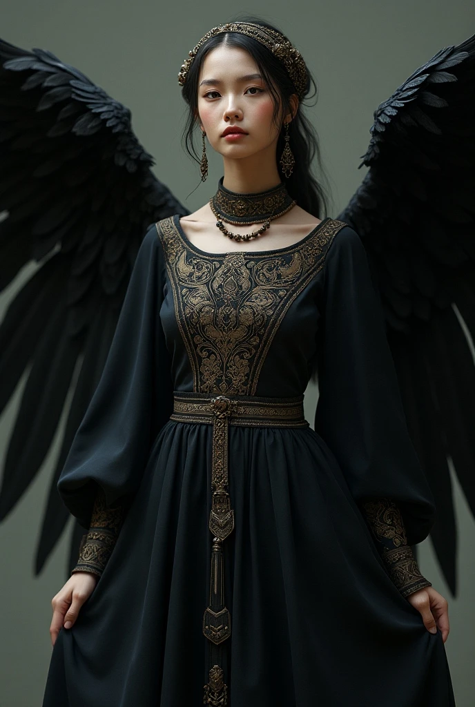 Void is dressed in a long robe, made of an ethereal fabric that varies between shades of dark blue and cosmic black. The tunic has a deep V-neckline, subtly highlighting the collarbone, and is accented by intricate silver patterns that flow along the edges.

Wide sleeves extend to the wrists, where they taper slightly, adorned with delicately embroidered star motifs. The upper part of the tunic has a front opening, revealing a narrow band at the waist, decorated with ancient symbols in shining silver.

The pants, adjusted and fluid at the same time, follow the dark tone of the tunic, creating an elegant continuity. On the feet, Void wears knee-high boots, also in shades of dark blue, with silver details that echo the patterns present in the garment.

A notable feature is the opening in the back of the tunic., strategically designed to allow Void&#39;s imposing black wings to unfold with ease. Essas asas, when expanded, add a majestic dimension to their divine presence.

Void, so dressed, exudes a cosmic elegance and a touch of mystery, encapsulating his essence as the God of the Supernatural and Guardian of the Unknown.
