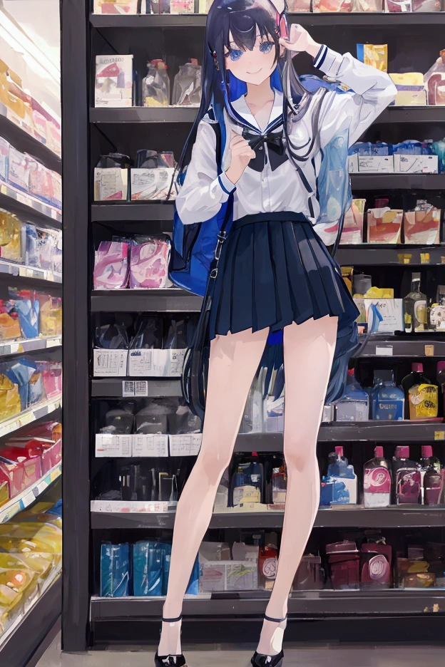 masterpiece  ,   Best quality,  HD,  in Supermarket,  on shelves with alcohol,  girl,  sensual,  sexy , bluesilver hair,  very very very long hair,  school clothes,  black,  short pleated skirt, schwarz,  transparent over the knee ,schwarz , necklace, Cross,  blue-gray eyes ,  standing slightly on tiptoes, taking something from the top shelves, smiles, high heels sexy shoes, backpack on back, overkniee schwarz druchschit, 