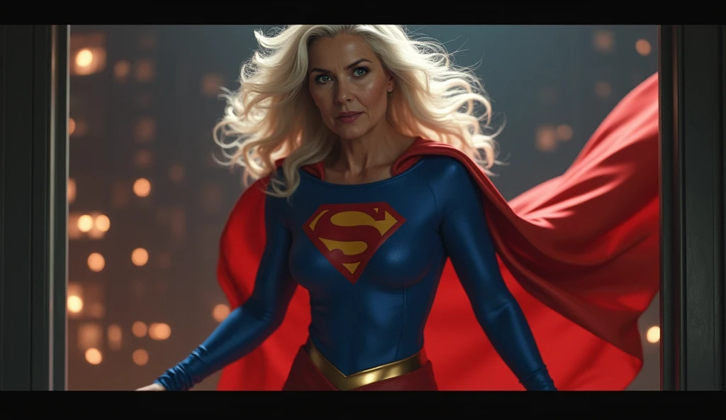 superstrong old Supergirl Jean Smart Supergirl;strong arms; incredible woman; big breasts. HD. Photograph, ((realism)), extremely high quality RAW photograph, ultra detailed photograph, sharp focus, high resolution, (detailed skin:1,3),high quality, film grain, Fujifilm XT3,Highly Detailed, movie, (Cinematic Photo:1.3) of (Realistic:1.3), by John Byrne/Jerry Ordway