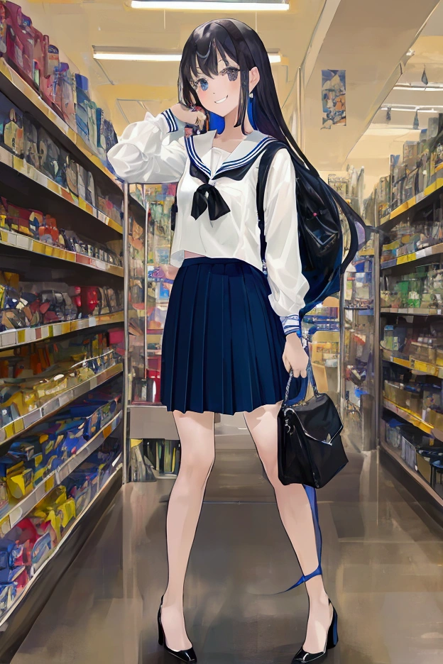 masterpiece  ,   Best quality,  HD,  in Supermarket,  on shelves with alcohol,  girl,  sensual,  sexy , bluesilver hair,  very very very long hair,  school clothes,  black,  short pleated skirt, schwarz,  transparent over the knee ,schwarz , necklace, Cross,  blue-gray eyes ,  standing slightly on tiptoes, taking something from the top shelves, smiles, high heels sexy shoes, backpack on back, overkniee schwarz druchschit, 