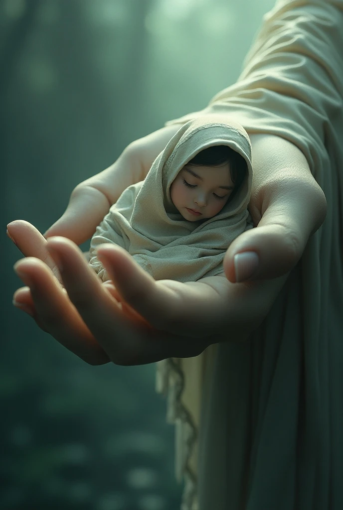 A detailed, serene image of Jesus' hand gently cradling an unborn baby inside the womb. The focus is on the tenderness and care in the hand, highlighting the warmth and protection it offers to the tiny, developing baby. The baby is curled in a peaceful, fetal position within the transparent womb, bathed in a soft, divine light that symbolizes purity and sanctity. The background is kept minimal and soft to emphasize the connection between the hand and the unborn life