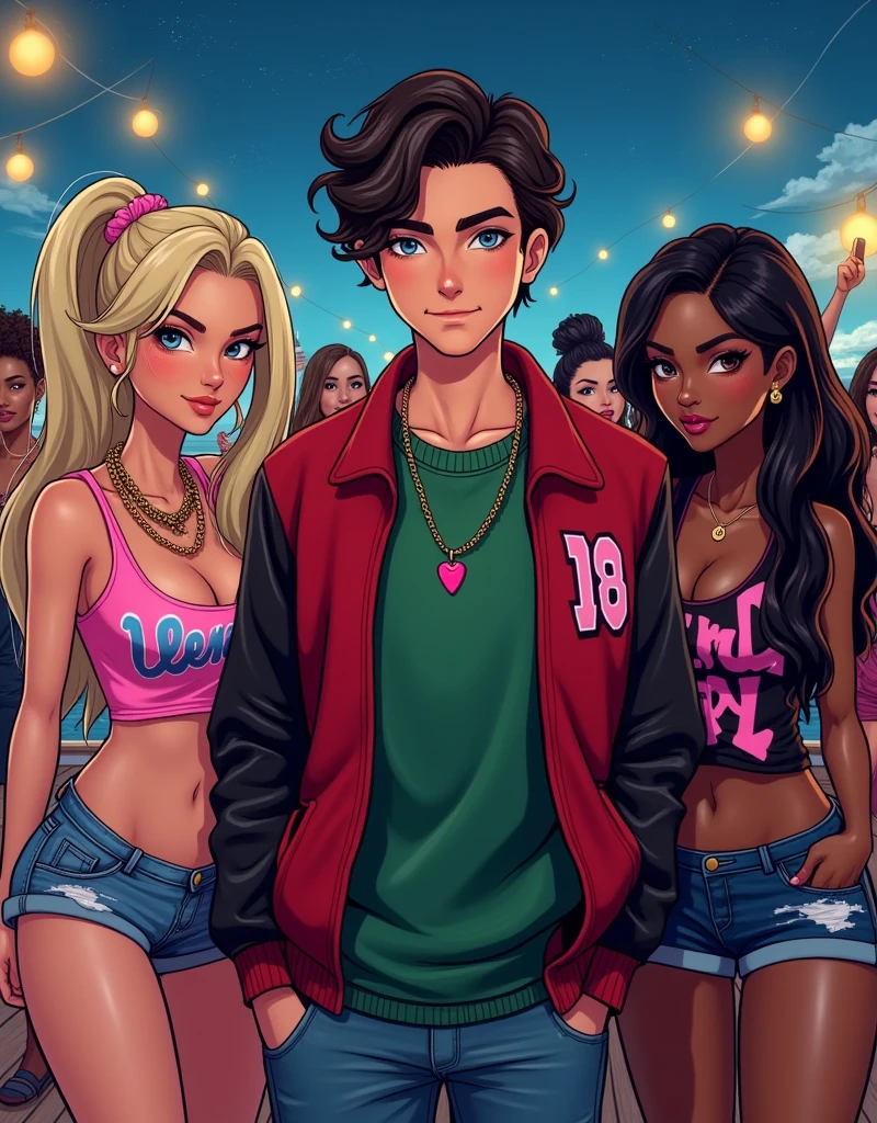 (((best quality))), muito detalhado, High resolution, 1 thin male, white teen boy with medium length black hair, shaved, lachend, 7 female, blondie hair and Latinas, clear green eyes, fleshy lips, heavy make-up, beautiful blonde with huge breasts, who wears a bodysuit ((dug very deep)) ,a one-piece sling spandex swimsuit, Luciana Vendramini'Dude, Hourglass body, super realistic, posing at a beach party night, comic