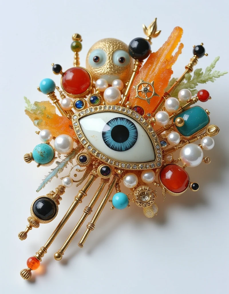 Product Design：Exquisite exaggerated brooches，Baroque pearls and an eye element and gemstone，sun，moon，beeswax，amber，turquoise，coral，Felt，Retro， white background for the head only