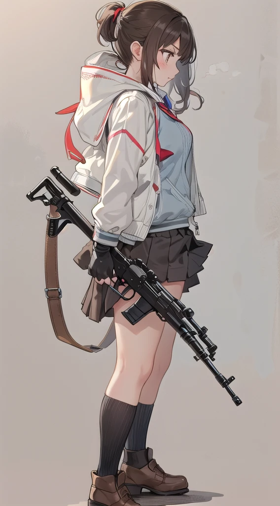   1 girl, Alone, Long Hair,  At the pub, skirt, Brown Hair,   Black Hair  , gloves, holding,   twin tails ,   Brown Eyes  ,     School Uniforms,   jacket, Full Body,   ponytail, arms, pleated skirt, shoes,   black gloves, socks,     fingerless gloves , holding arms, from side, gun, Check pattern, Knee-length, Check pattern skirt, brown footwear , white   jacket, black socks, , holding gun, rifle, tobacco, brown skirt, sniper rifle, Firing, Range  , Suppressor
