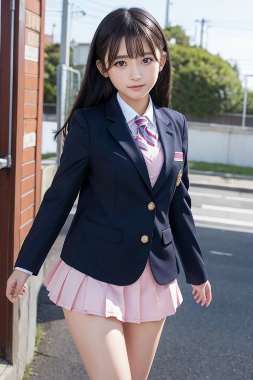 8K, highest quality, The real picture, Intricate details, Very detailed, Ultra-high resolution, Depth Field,(Realistic,Realistic:1.2),Tabletop , (Full Body Shot) , From the middle , 1 girl, eye_Chan, Very beautiful girl, innocent big eyes,、Beautiful breasts:1.5、非常に詳細なeye:1.2)、(Beautiful breasts:1.1)、((Brown Hair))、(Semi-long hair), Asymmetrical bangs, Perfect Skin, Fair skin, Small breasts, Tight waist, alone, Staring at the audience, (smile), ((Fold your arms in front of your chest and act arrogantly)), ((楽しそうなsmile)), ((Perfect hand shape)), (Wears a navy blue school blazer uniform:1.3), (Long Bob Hair:1.3), Standing in the park, (The wind is blowing、A navy blue and pink checked miniskirt flips up),