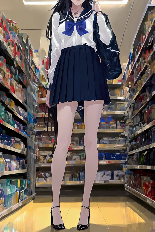 masterpiece  ,   Best quality,  HD,  in Supermarket,  on shelves with alcohol,  girl,  sensual,  sexy , bluesilver hair,  very very very long hair,  school clothes,  black,  short pleated skirt, schwarz,  transparent over the knee ,schwarz , necklace, Cross,  blue-gray eyes ,  standing slightly on tiptoes, taking something from the top shelves, smiles, high heels sexy shoes, backpack on back, overkniee schwarz druchschit, 