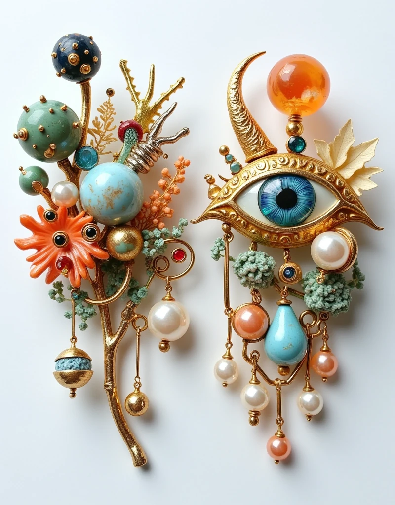 Product Design：Exquisite exaggerated brooches，Baroque pearls and an eye element and gemstone，sun，moon，beeswax，amber，turquoise，coral，Felt，Retro， white background for the head only