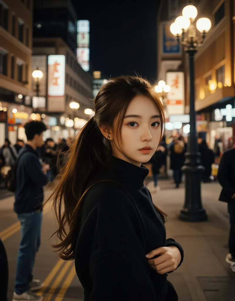 a girl with long hair walking alone on a city street at night, street lights illuminating the scene, traffic and a crowd of peop...