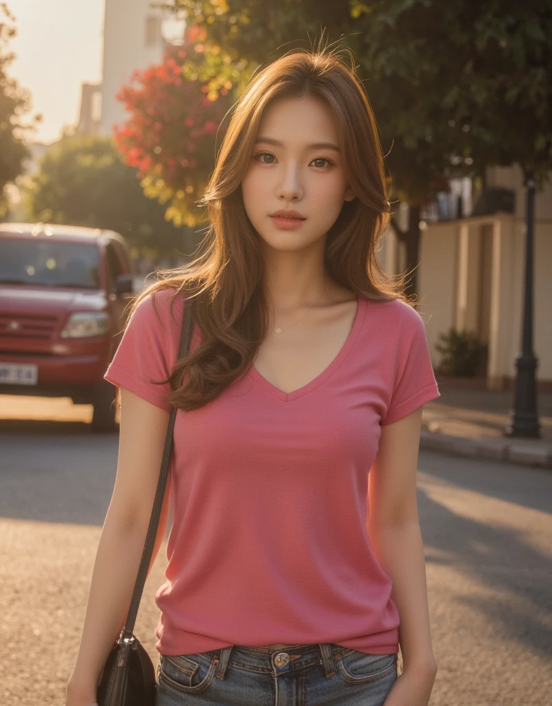 a beautiful woman walking down a street, pink t-shirt, faded blue jeans, sun-lit, red car passing in background, shimmering light, hyperrealistic, 8k, highly detailed, photorealistic, beautiful detailed eyes, beautiful detailed lips, extremely detailed face, long eyelashes, intricate details, dramatic lighting, cinematic composition, vivid colors, warm color palette, natural environment, urban setting, elegant pose, graceful movement, atmospheric, cinematic, portrait, ray tracing, global illumination