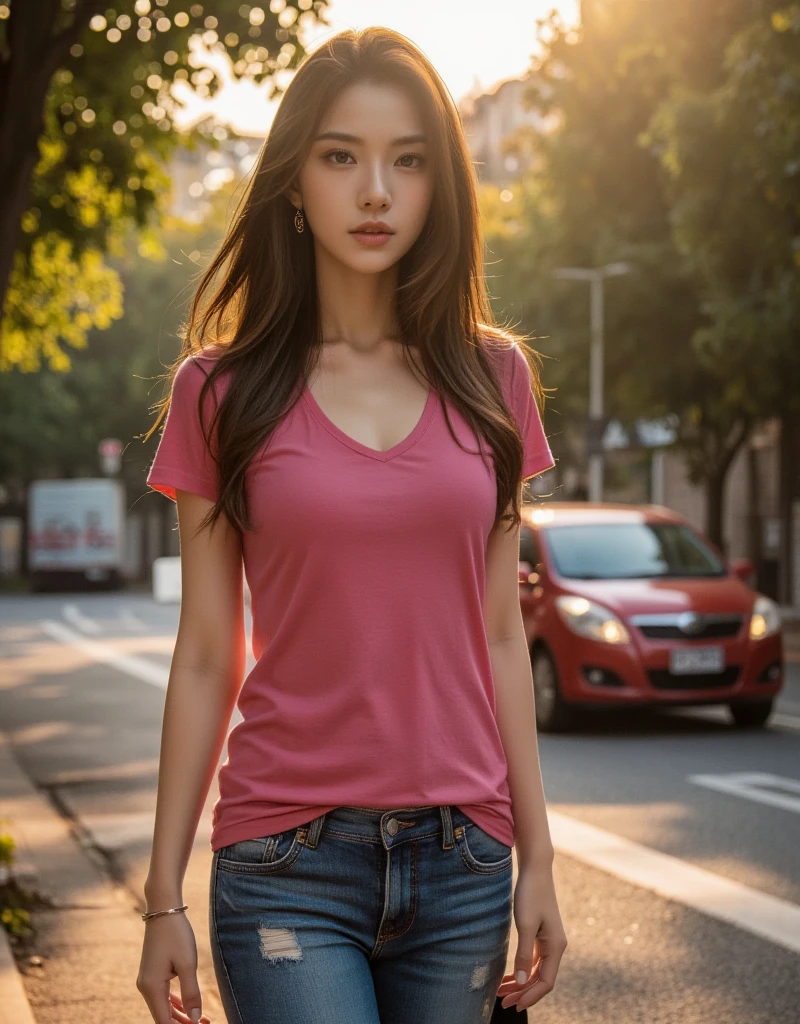 a beautiful woman walking down a street, pink t-shirt, faded blue jeans, sun-lit, red car passing in background, shimmering light, hyperrealistic, 8k, highly detailed, photorealistic, beautiful detailed eyes, beautiful detailed lips, extremely detailed face, long eyelashes, intricate details, dramatic lighting, cinematic composition, vivid colors, warm color palette, natural environment, urban setting, elegant pose, graceful movement, atmospheric, cinematic, portrait, ray tracing, global illumination