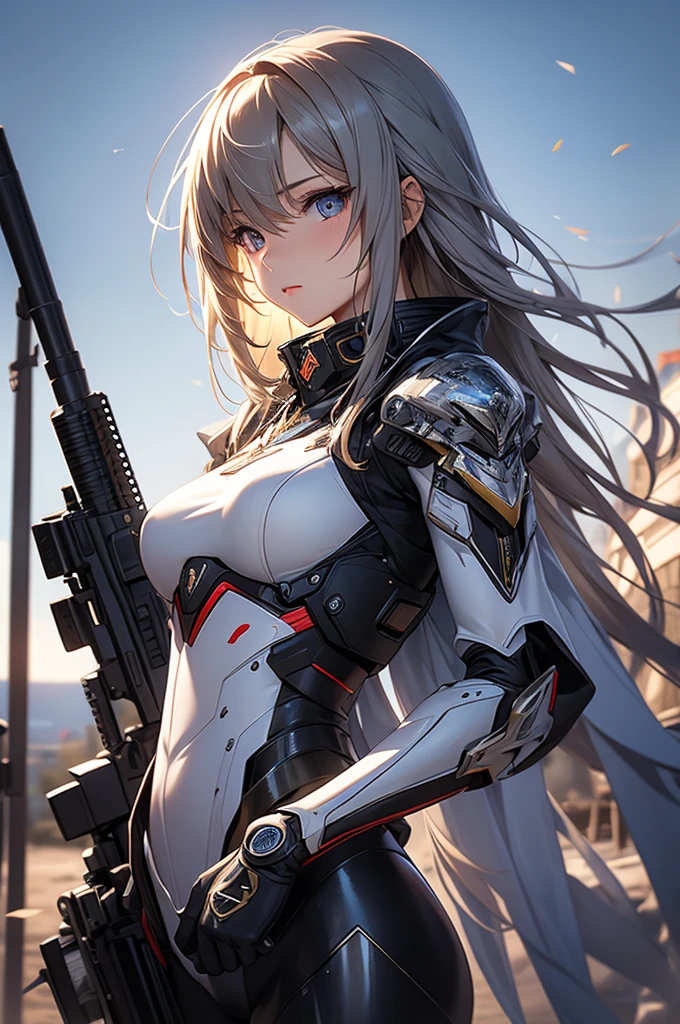 masterpiece,best quality,extremely detailed CG,ultra-detailed,beautiful detailed eyes,1girl,mecha girl,two-tone hair,hold a sniper rifle,small breast,