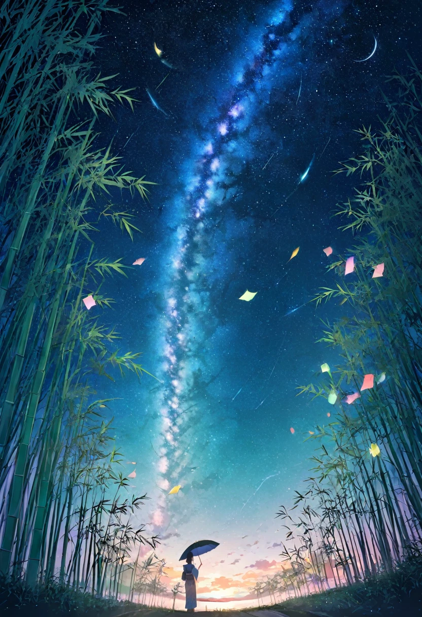 ((pastel))、One woman,kimono,Tanabata,Bamboo Tunnel ,Paper is attached to bamboo , blowing in the wind,Night Sky,milky way, seen from afar,A touching scene