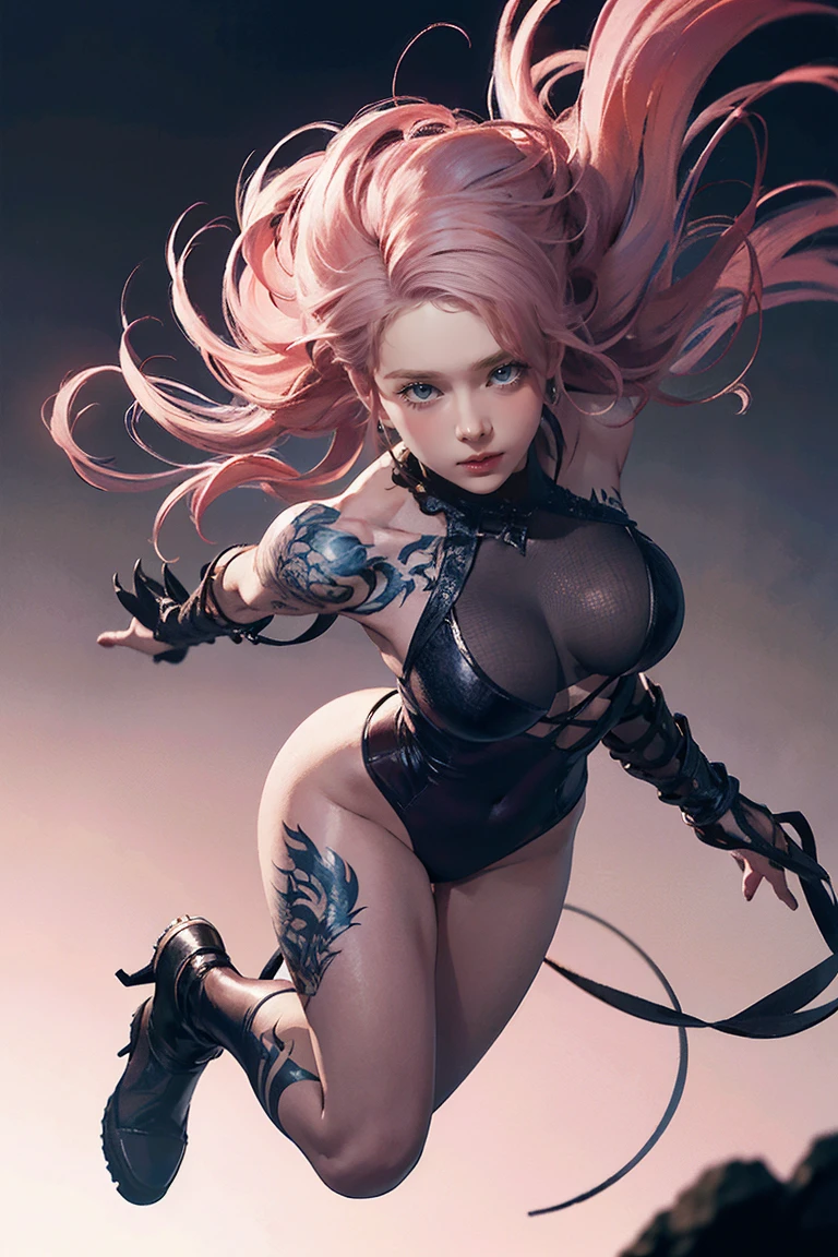 (Full Body Shot),(Large Breasts),(( abs are very prominent )), (((( Pink Hair))),    draws detailed portraits of people, an adult woman in a dark fantasy setting that makes you feel mysterious and dangerous, Bright Blue  eyes that emanate a sense of danger [Detailed eyes, Bright Blue :1.1], [Black Leather Look], adorned with Intricate tattoos all over her body [Intricate tattoos:1.1], He has dragon scales on his arms [Dragonの鱗のタトゥー] ,Enhance the suspenseful atmosphere.    color palette is mostly dark and subdued   ., with hints of Red and purple accents [A dark and muted color palette, Red and purple accents], 神秘性と危険性を感じさせる. The lighting emphasizes the sharp edges and  intricate details  of the assassin's attire and tattoos,    adds depth and texture to the overall composition    [Enhances sharp edges,  intricate details ]. The image quality is excellent, with    ATTENTION TO DETAILS  [ best quality,    ATTENTION TO DETAILS :1.2], Showcasing the talents of artists&#39;Technique and mastery of light and darkness . The art style is realistic yet、 fantasy atmosphere that makes you feel mysterious and dangerous ..,  captures the essence of the dark and fascinating world of the dungeon  & Dragon [   is a realistic art style that adds a touch of fantasy   ],nsfw:0.9,