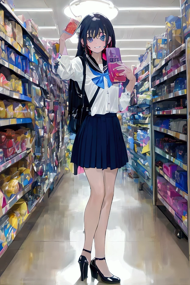 masterpiece  ,   Best quality,  HD,  in Supermarket,  on shelves with alcohol,  girl,  sensual,  sexy , bluesilver hair,  very very very long hair,  school clothes,  black,  short pleated skirt, schwarz,  transparent over the knee ,schwarz , necklace, Cross,  blue-gray eyes ,  standing slightly on tiptoes, taking something from the top shelves, smiles, high heels sexy shoes, backpack on back, overkniee schwarz druchschit, 