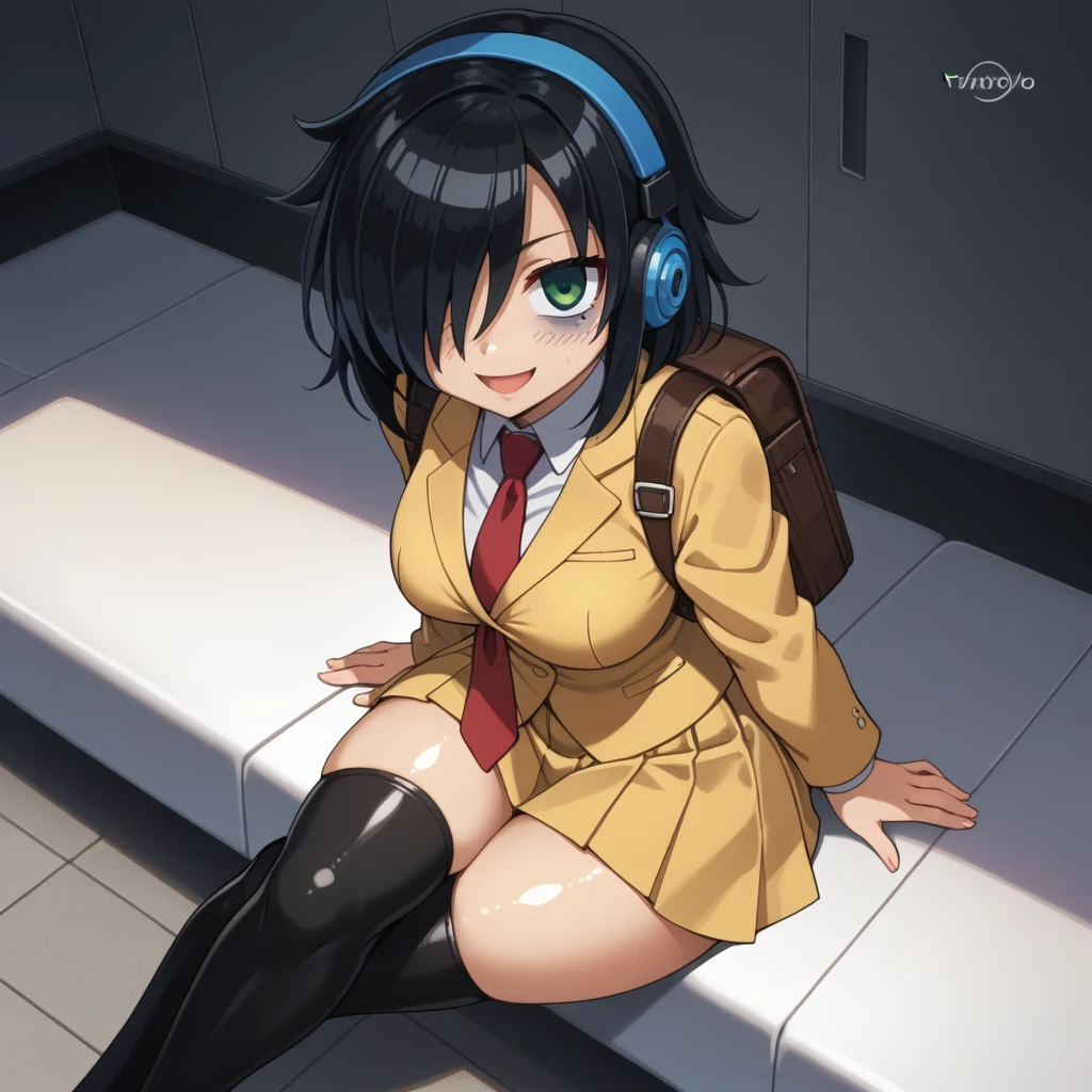 score_9, score_8_up, score_7_up,, solo, source_anime, tomokoxl, bags under eyes, hair over one eye black hair, medium hair, school uniform, red necktie, yellow skirt, short skirt, pleated skirt, yellow jacket, standing, cowboy shot, sitting, crossed legs, thick thighs, shiny skin, focus in crossed legs, underwear, white underwear, shiny underwear, lace underwear, white lace underwear, shiny lace underwear, panties, white panties, shiny panties, only crossed legs pose, sexy crossed legs, perfect crossed legs, sexy legs, big thighs, oiled thighs, oiled legs, smile, open mouth, glowing green eyes, evening time, dark room, breast, big breast, sheer knee highs, black knee highs, black sheer knee highs, backpack, leather backpack, brown backpack, focus in crossed legs, focus in legs, blushing, no shoes, cute feet, cute legs, panchira, huge legs, huge thighs, headphones, blue headphones, Beats Studio headphones, blue Beats Studio headphones, From Above, Dutch Angle, crossed legs,