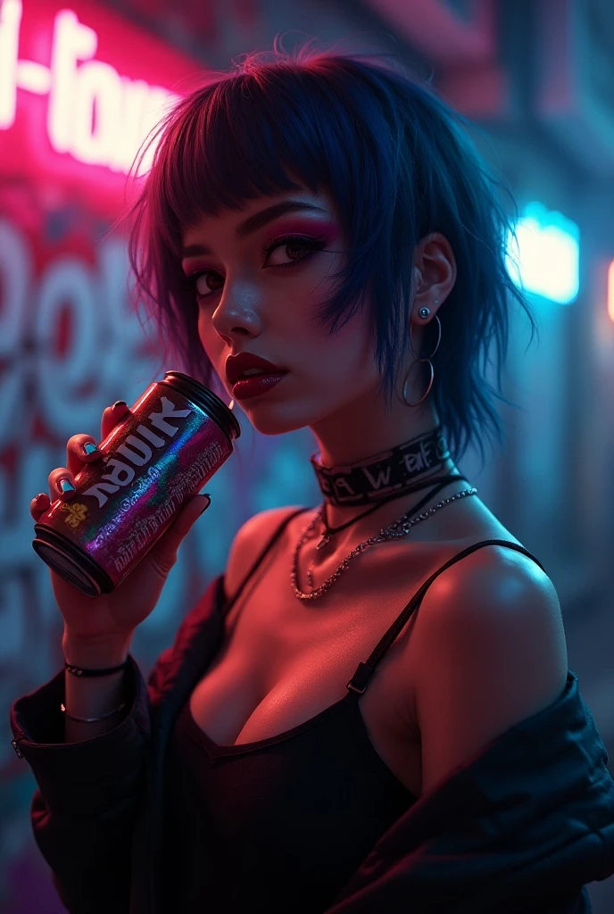 Cyberpunk themed, Tattooed Womens talking, drinking beer in bar, mechanical prostetic, cyberpunk bar, cyberpunk city