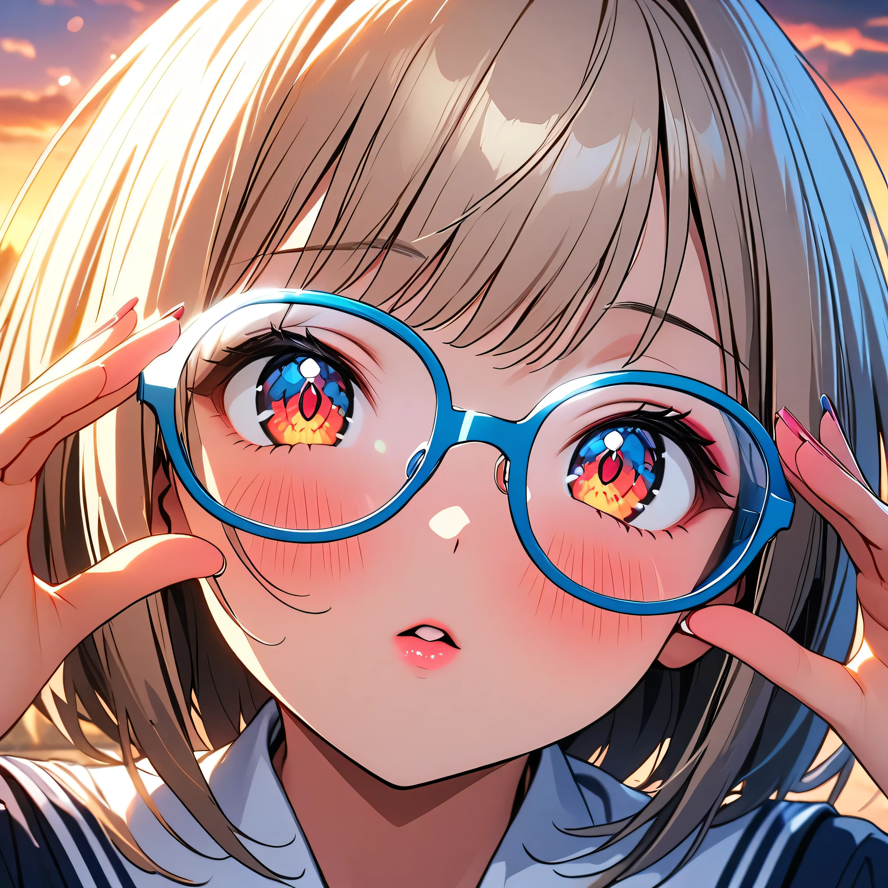 (beautiful girl: 1.3),masterpiece,Ultra-high resolution, rich contrasts,Very high quality,8k,very detailed CG unit wallpaper,Texture,So ridiculous,RAW Photos,Highest quality anime,Depth of written boundary,ultra-detailed eyes,Glowing Skin,Glitter Effect,Beautiful glossy lips,(Sharp Bob,Bangs),School uniform, Black Tight Skirt ,School gate,sunset,(Extremely close:2.0),Embarrassing,blush,Looking up,Tilt your head,Glasses,adjusting swirl eyewear,,Glossy lipstick, perfect makeup