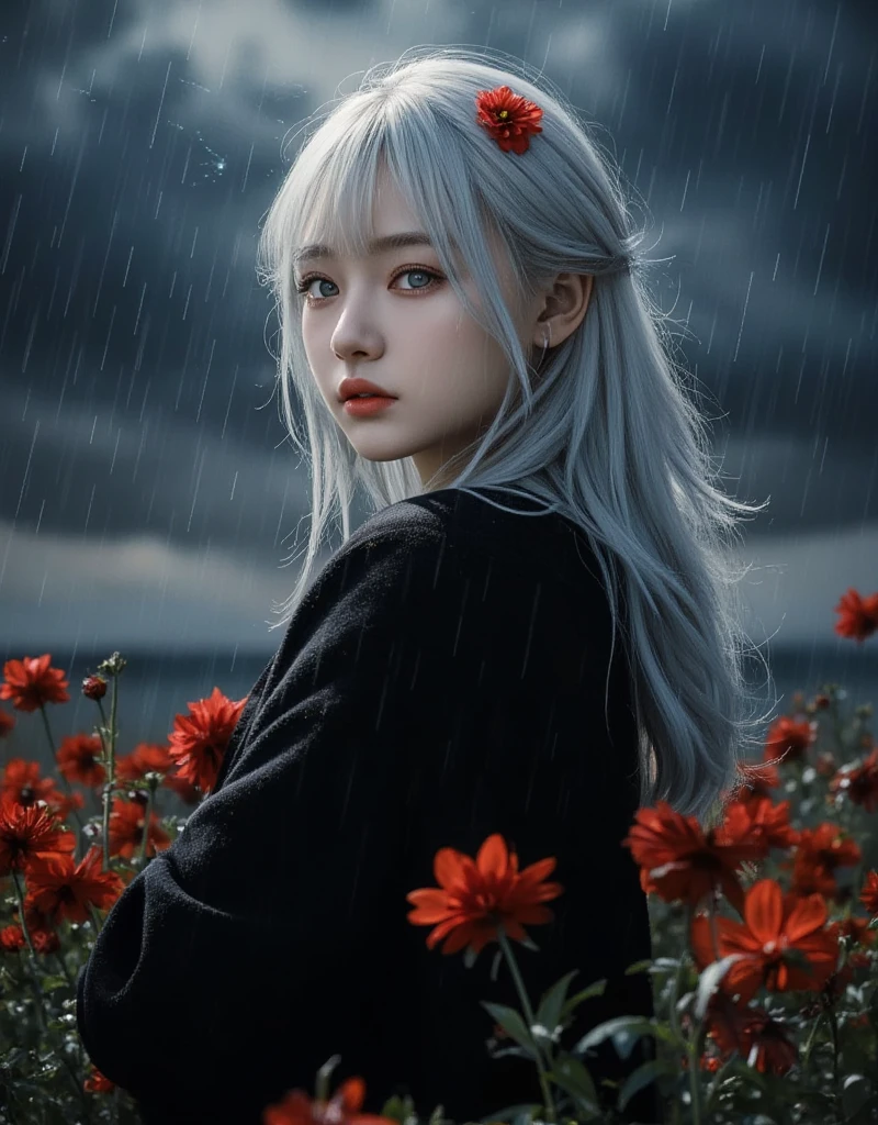 1girl,solo,((beautiful detailed eyes)), (detailed light),depth of field,(white hair),silver eyes,hair over one eye,(red flower ), hair flower,long hair,black cloak,wet,emotionless,looking back,night,starfall,raining,fog,red flowers falling,sketch,upper body,intense shadows,