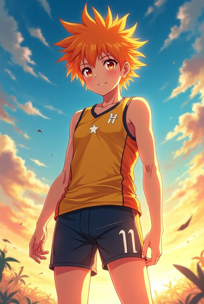 1 hombre, chico, adolescente, haikyuu, hinata shoyo, esbelto, bajo, pelo naranja, anaranjado, Brown eyes, sin playera, short voleibol, camara desde abajo, cuclillas, piernas separadas, fondo soleado, ruborizado, sonrisa, HD, full color, muy detallista, rostro perfecto, obra maestra. Pelo naranja, pelirrojo, nsfw