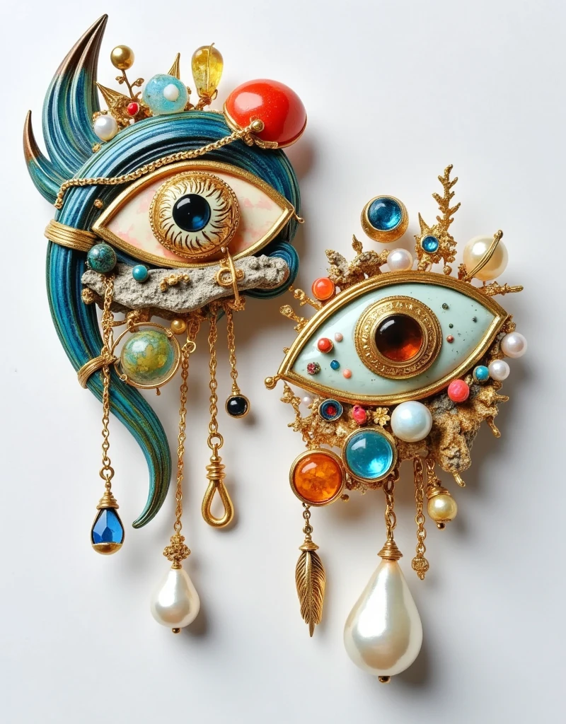 Product Design：Exquisite exaggerated brooches，Baroque pearls and an eye element and gemstone，sun，moon，beeswax，amber，turquoise，coral，Felt，Retro， white background for the head only