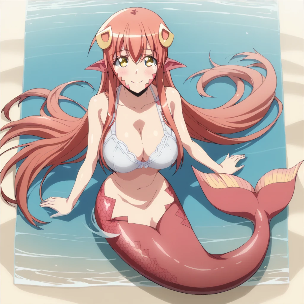 Solo, Full body, sit at beach, Miia, long hair, red hair, yellow eyes, red ears, mermaid, red mermaid tail, mermaid tail below waistline, white bra maid, maid hair ornament, smile, looking at viewer, red blush, large breasts, cowboy shot,