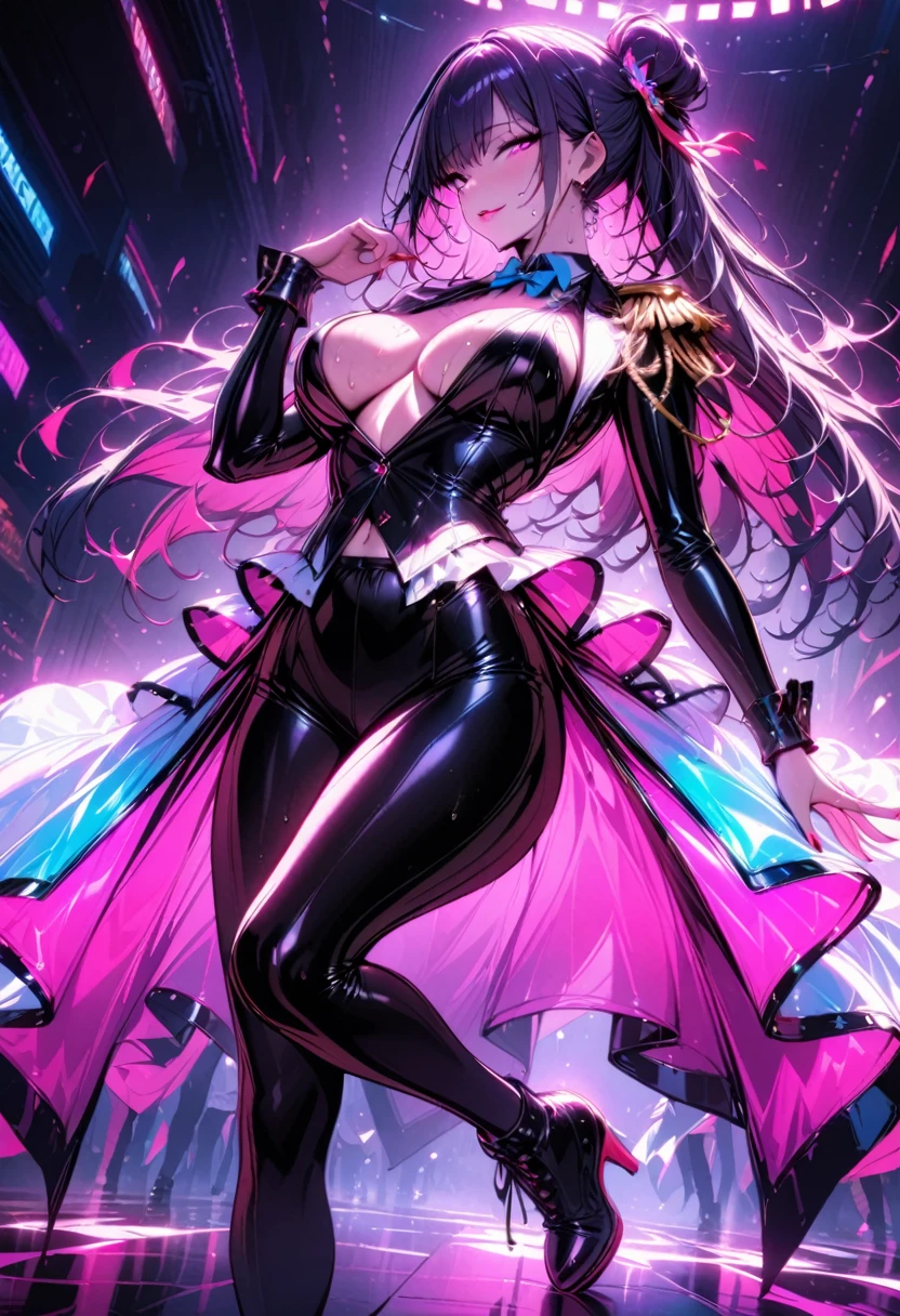 1 mature beautiful woman,(Highest quality,Extremely detailed depiction,Incredibly absurd high resolution,Anatomically accurate depiction,Curvy Legs,Detailed pupil),(Glowing Skin,Shiny skin),(A charming Chinese noble lady),(A complex and elegant Chinese costume,See-through,Intricate embroidery,Strong shiny fabric,Rainbow gradient cape,black tights),eyelash,(Pink Eyes,Crazy Eyes,There is cleavage in the chest,Wicked Smile,Glossy Red Lips,Flashy makeup,Seductive gestures,Half-closed eyes:1.1),Luxury accessories,earrings,necklace,whole body,background:Chinese-style mansion,From below:1.3